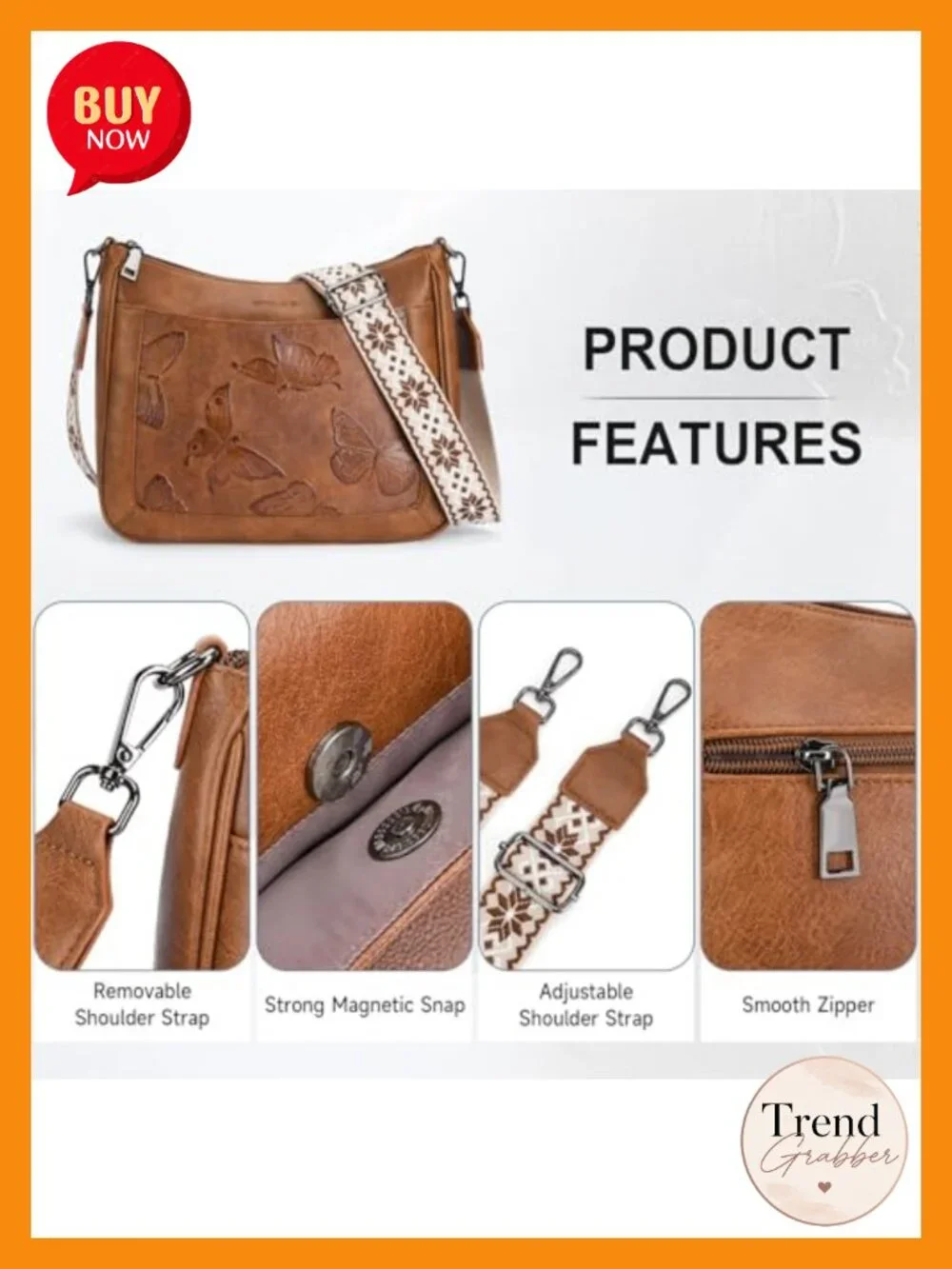 Vegan Leather Butterfly Hobo Crossbody Purse Shoulder Bag